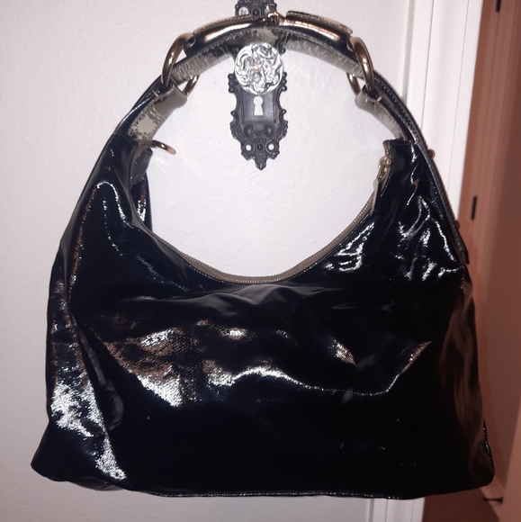AUTH GUCCI BLACK PATENT LEATHER MEDIUM HORSEBIT HOBO HANDBAG EUC - Picture 2 of 16